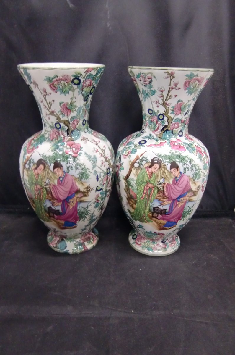 Prachtig Paar: Twee Vintage Chinese Porseleinen Vazen – ‘Famille Rose’ Stijl - Afbeelding 2