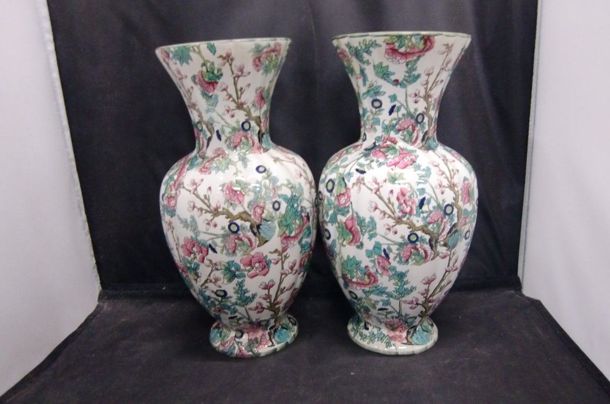 Prachtig Paar: Twee Vintage Chinese Porseleinen Vazen – ‘Famille Rose’ Stijl - Afbeelding 4