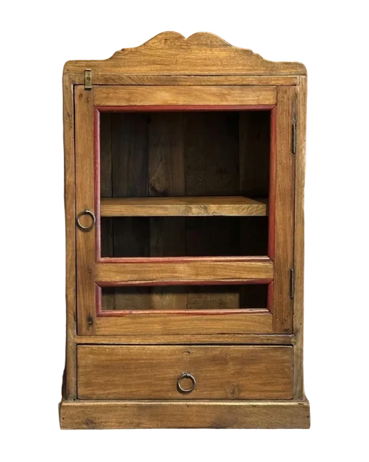 Teakhouten hangkastje met glas en lade