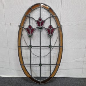 Vintage Glas-in-lood Paneel – Ovaal Raamkunst met Rode Bloemen