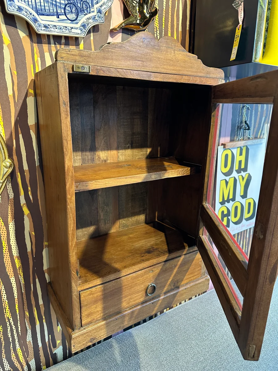 Teakhouten hangkastje met glas en lade - Afbeelding 6