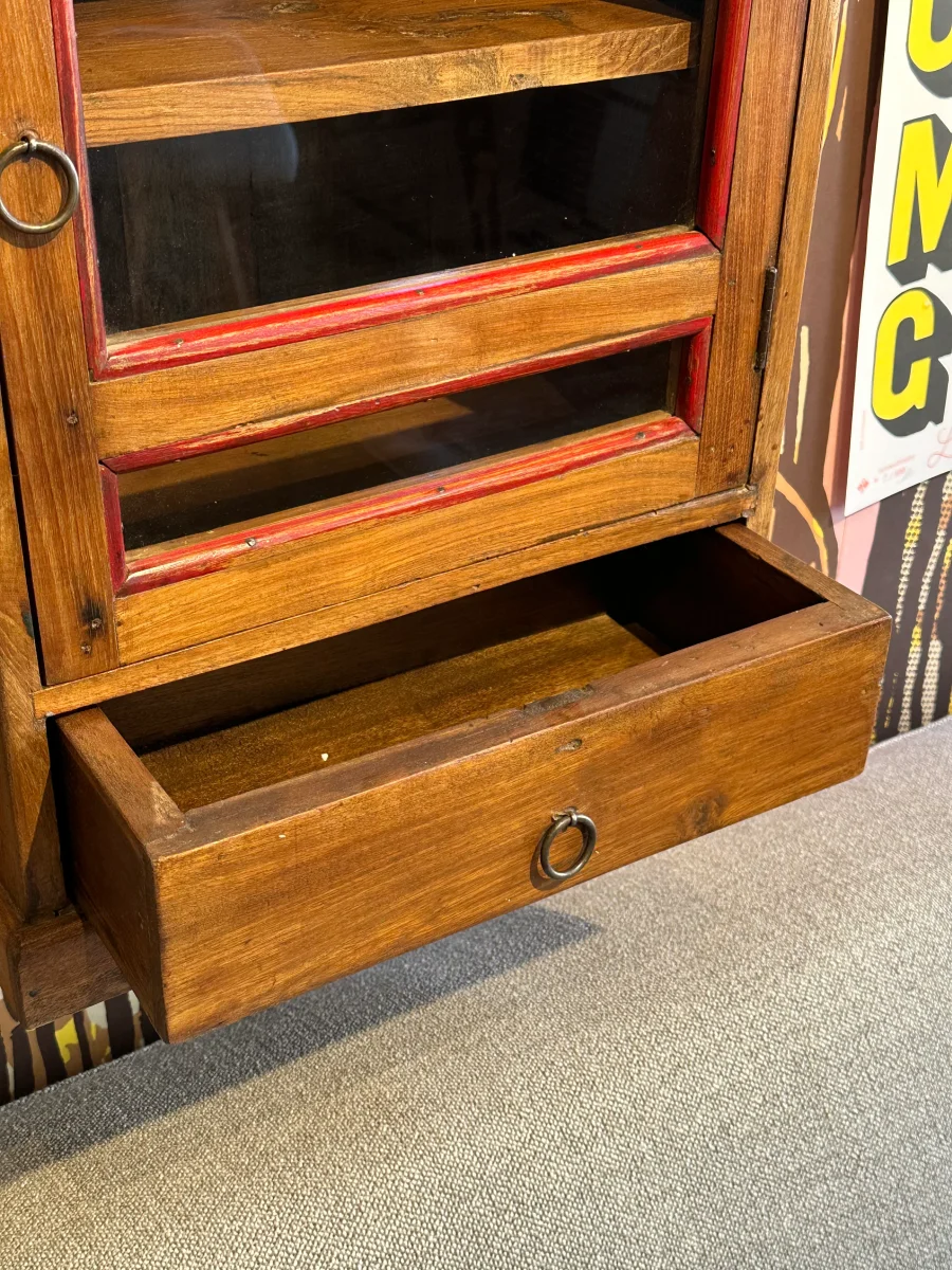 Teakhouten hangkastje met glas en lade - Afbeelding 9