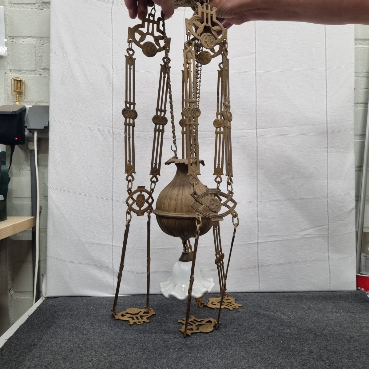 Spectaculaire Antieke Hanglamp – Groen Keramiek, Opaalglas & Art Deco Metaalwerk! - Afbeelding 4